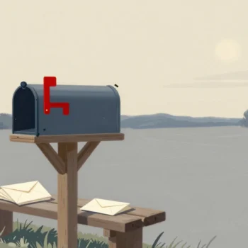 Gouache painting: a wooden country mailbox on a post at dawn with its vermilion flag raised, a stack of unsent envelopes waiting on a bench beside it, empty open fields stretching to the horizon behind