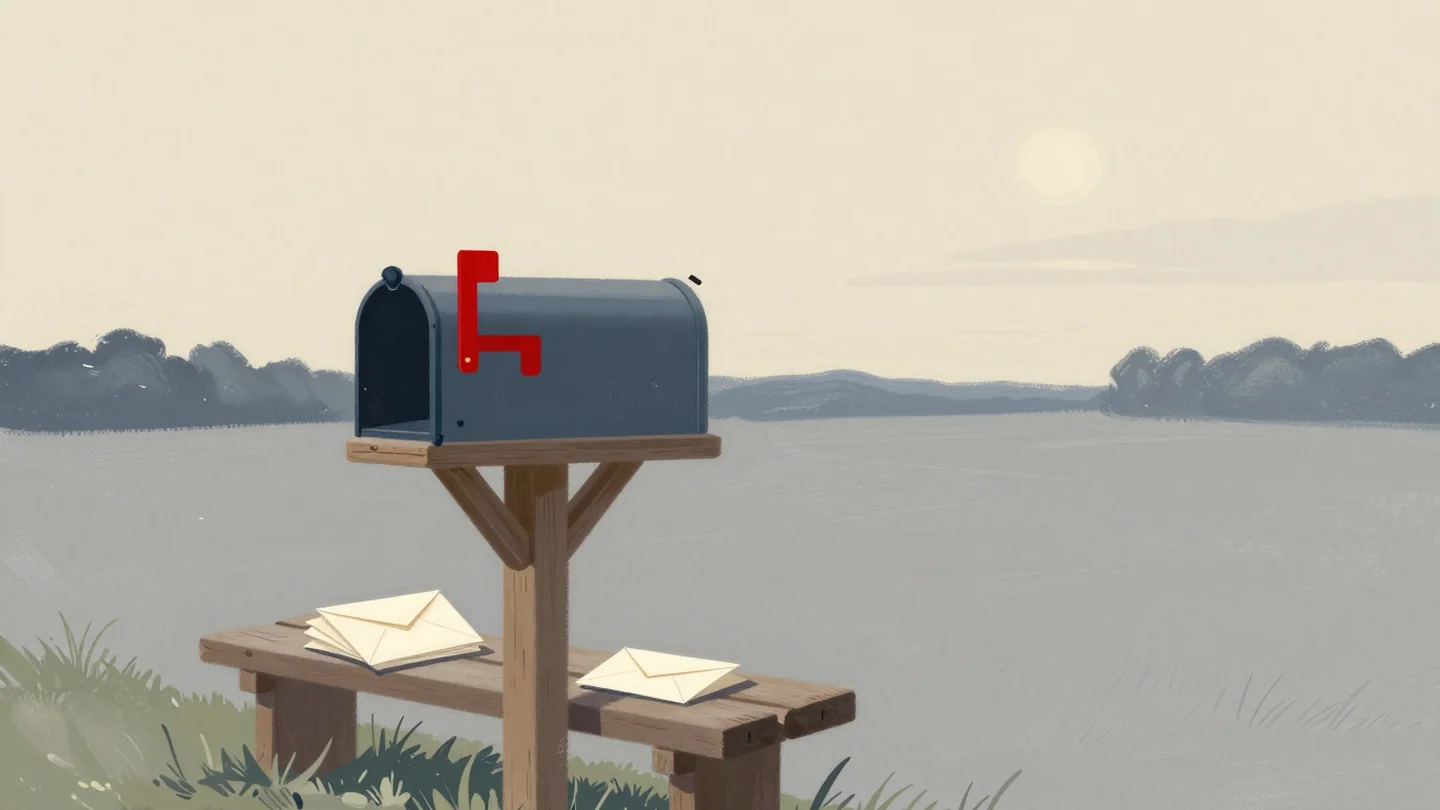 Gouache painting: a wooden country mailbox on a post at dawn with its vermilion flag raised, a stack of unsent envelopes waiting on a bench beside it, empty open fields stretching to the horizon behind