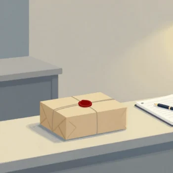 Gouache painting: a small shop counter where a wrapped paper parcel has already been slid across to the far side, while a closed ledger and a resting pen wait on the near side; the parcel's wax seal is vermilion