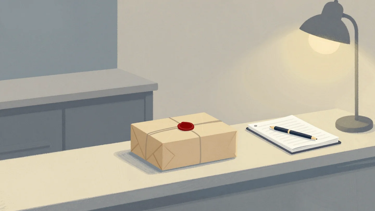 Gouache painting: a small shop counter where a wrapped paper parcel has already been slid across to the far side, while a closed ledger and a resting pen wait on the near side; the parcel's wax seal is vermilion