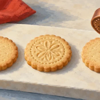Copper embossing die above a biscuit beside plain and decorated biscuits