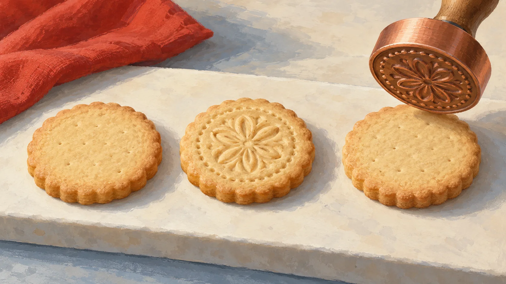 Copper embossing die above a biscuit beside plain and decorated biscuits