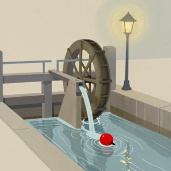 Gouache painting: a wooden sluice gate on a small stream with thin lines of water running through its slots toward a waterwheel, one vermilion float drifting in the channel