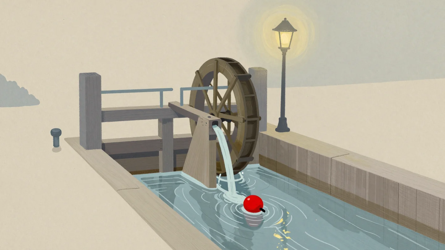Gouache painting: a wooden sluice gate on a small stream with thin lines of water running through its slots toward a waterwheel, one vermilion float drifting in the channel