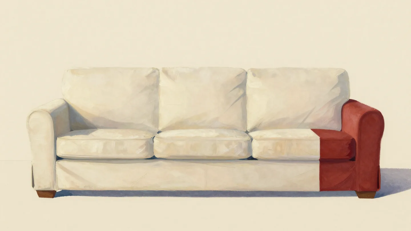 A slipcover that stops short on a lengthened sofa, the new red seat left bare