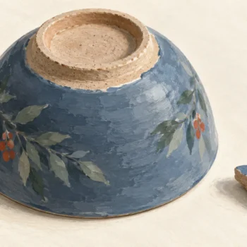 Upside-down glazed bowl showing its original clay foot ring