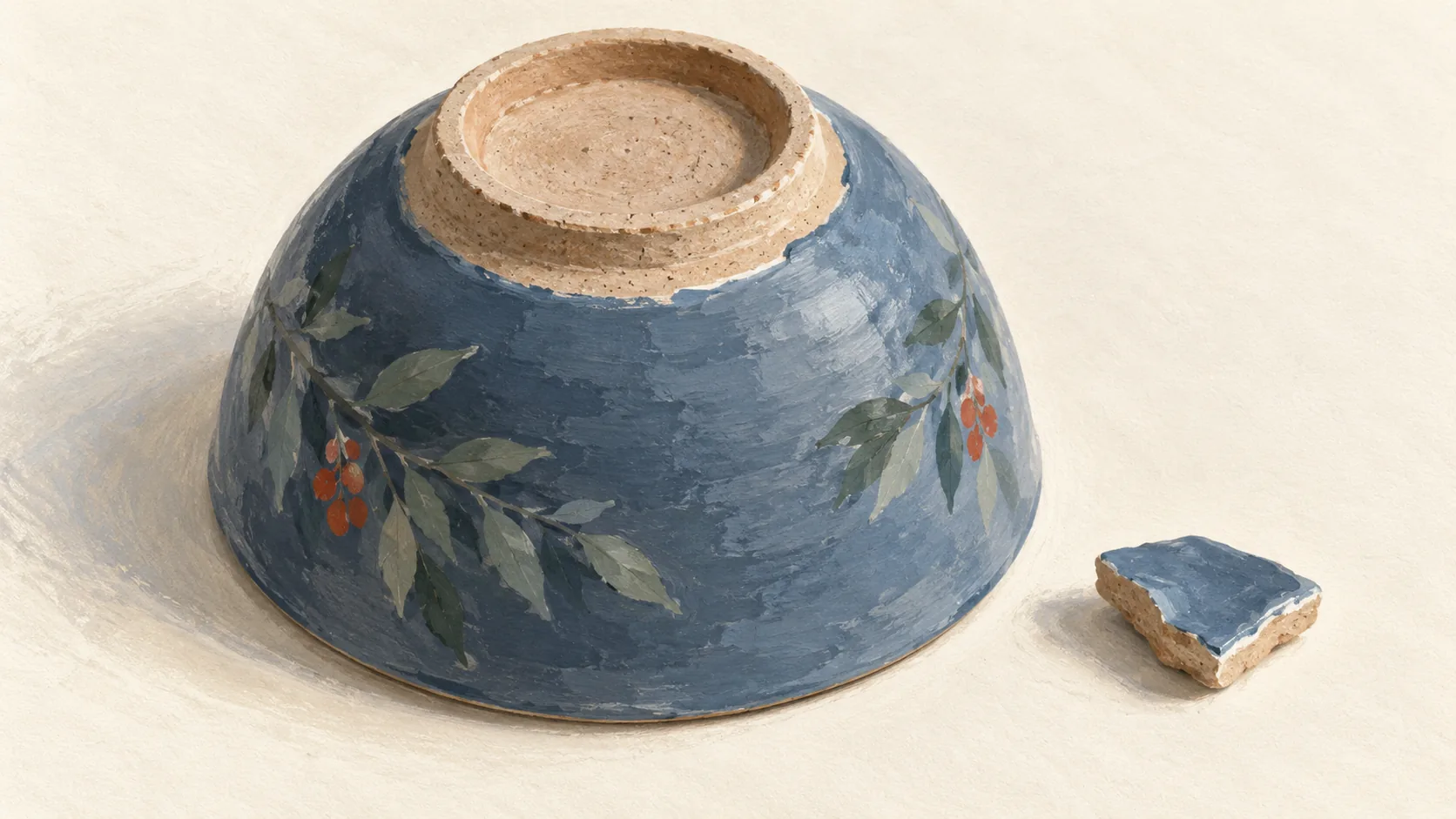Upside-down glazed bowl showing its original clay foot ring