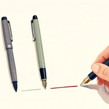 Three fountain pens on cream paper with a test ink stroke under each, a hand trying a fourth pen.