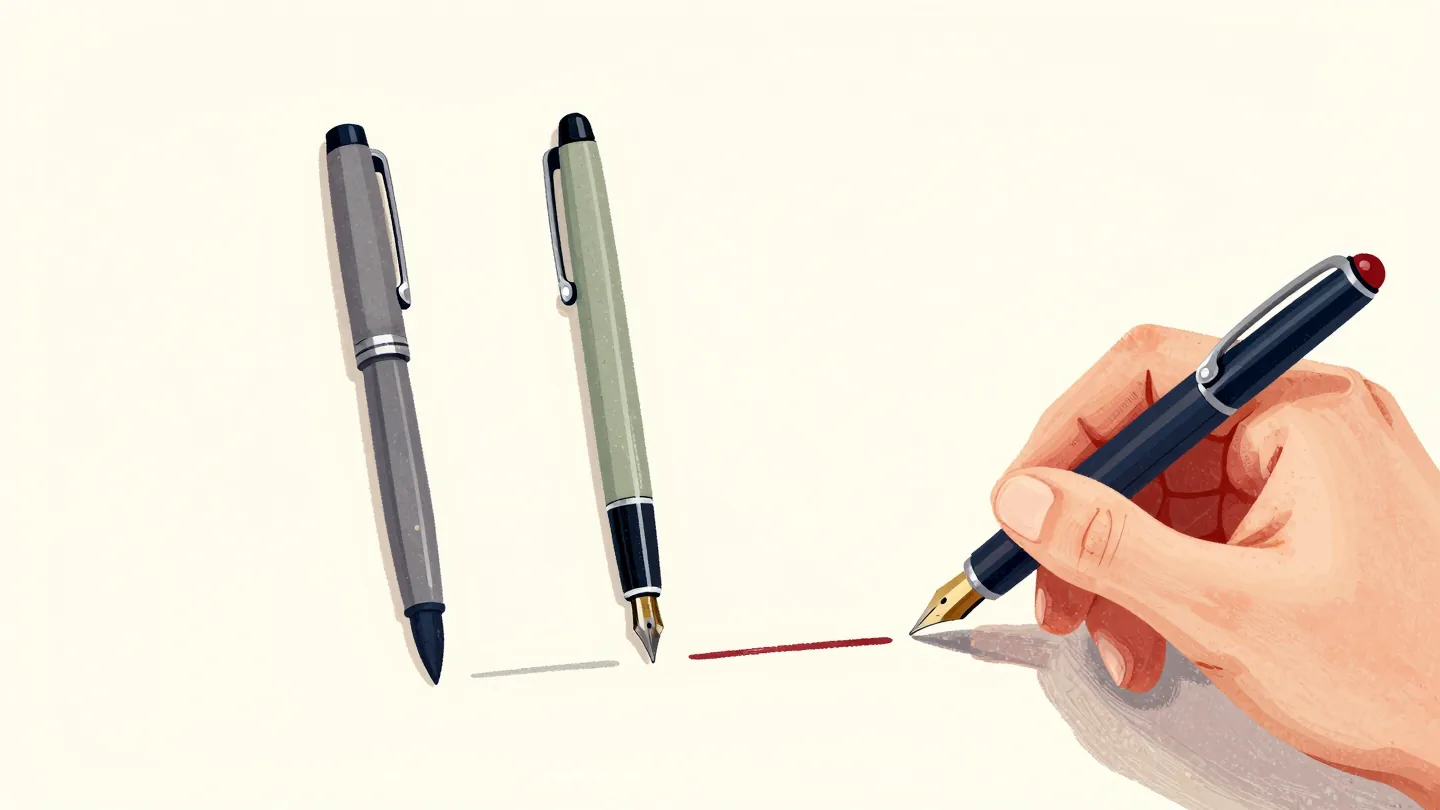 Three fountain pens on cream paper with a test ink stroke under each, a hand trying a fourth pen.