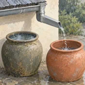 Roof diverter sending new rain to an empty vessel beside an older filled vessel