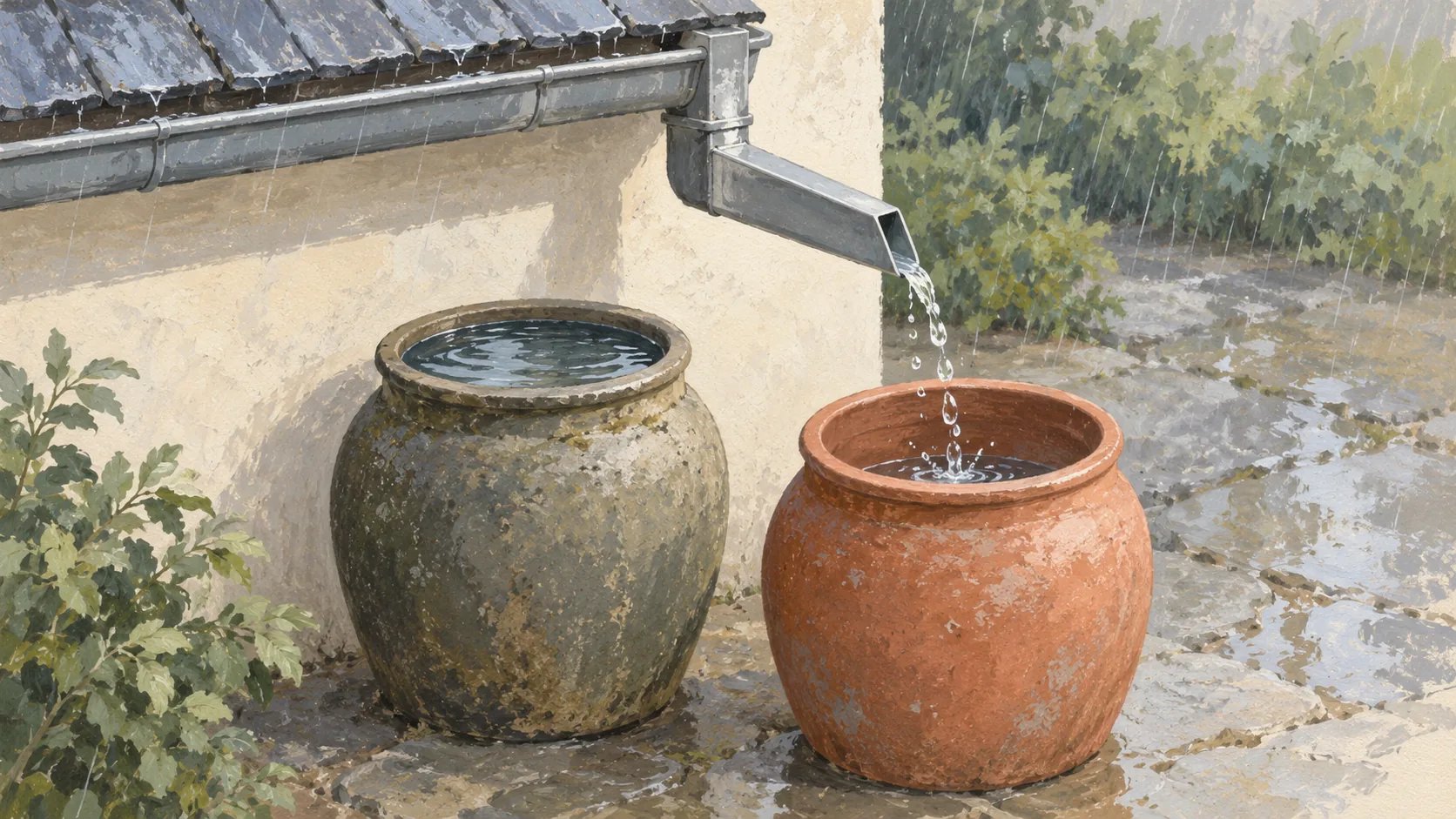 Roof diverter sending new rain to an empty vessel beside an older filled vessel