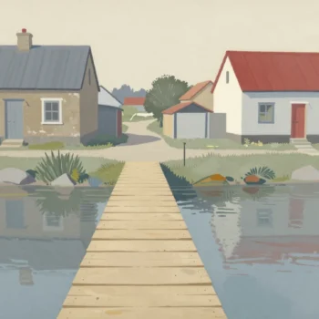 A temporary wooden footbridge crosses a river from an old cottage to a newly built house.