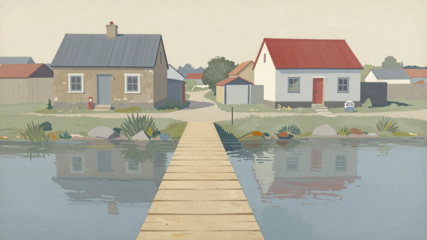 A temporary wooden footbridge crosses a river from an old cottage to a newly built house.