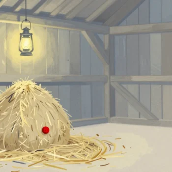 Gouache painting: a haystack inside a wooden barn with one small vermilion button hidden in the straw, a hanging lantern above it, warm light through the barn slats