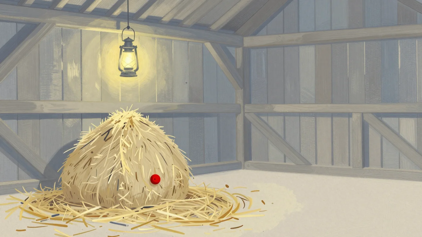 Gouache painting: a haystack inside a wooden barn with one small vermilion button hidden in the straw, a hanging lantern above it, warm light through the barn slats