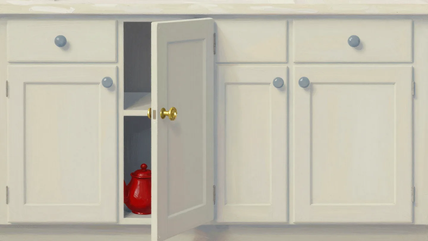 A row of kitchen cupboard doors, one knob worn to bare brass and the paint around it rubbed pale.