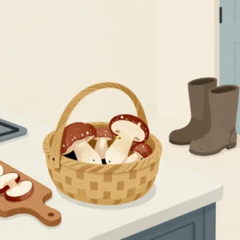 A forager's basket with a few mushrooms on a kitchen table, one already sliced on a board beside a warming pan.
