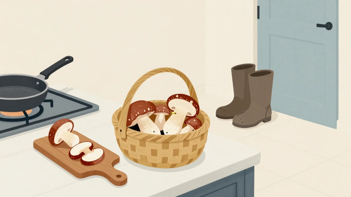 A forager's basket with a few mushrooms on a kitchen table, one already sliced on a board beside a warming pan.