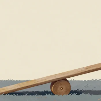 Gouache painting: a wooden seesaw balanced on a log at the edge of a meadow, one end resting low and the other raised, with a small vermilion flag on the raised end