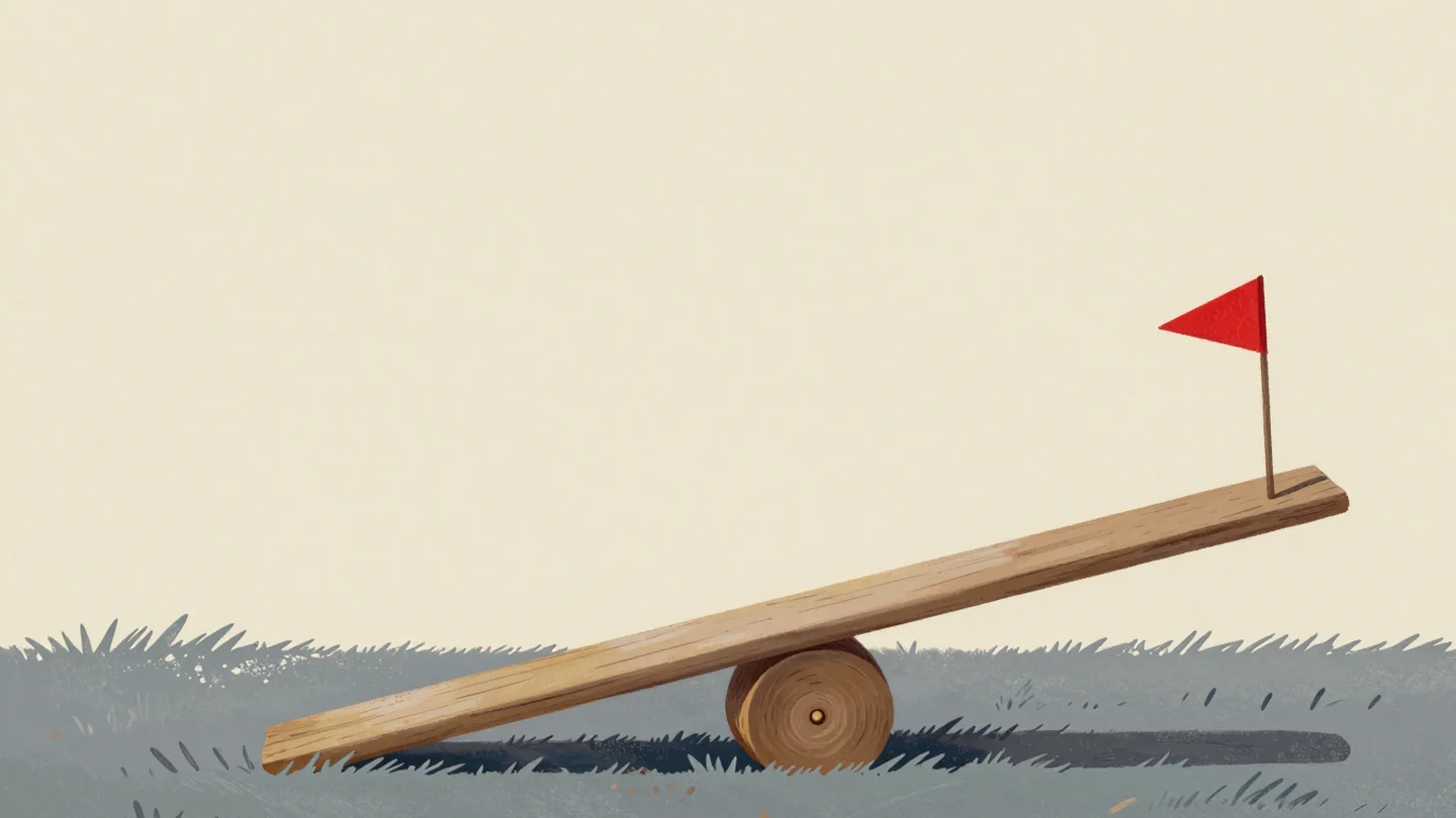 Gouache painting: a wooden seesaw balanced on a log at the edge of a meadow, one end resting low and the other raised, with a small vermilion flag on the raised end