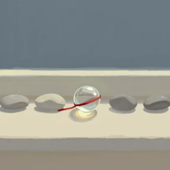 Gouache painting: a row of identical grey pebbles on a pale windowsill, one of them clear glass that catches the light, with a thin vermilion thread tied around it