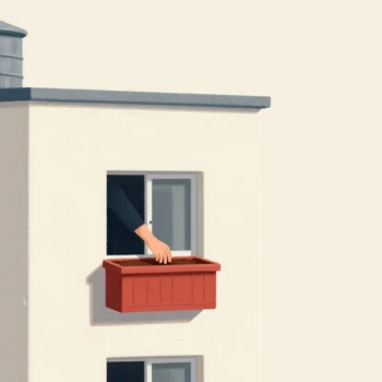 A hand checking the soil of one red window box on a tall apartment building