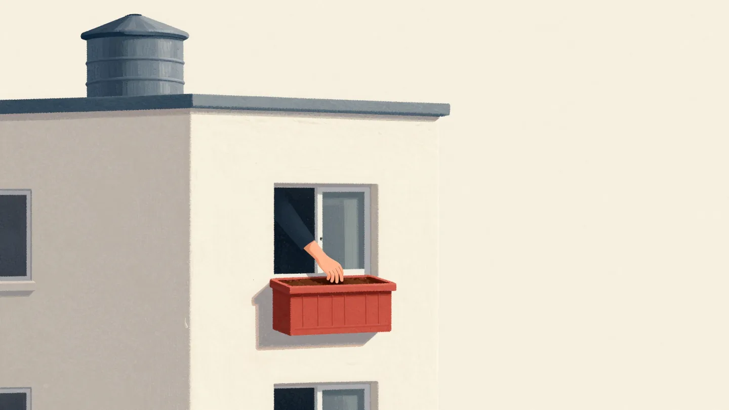 A hand checking the soil of one red window box on a tall apartment building