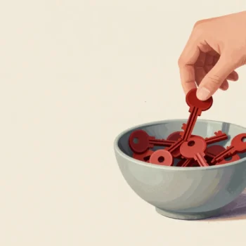 A bowl of identical red keys by a front door, a guest's hand taking one