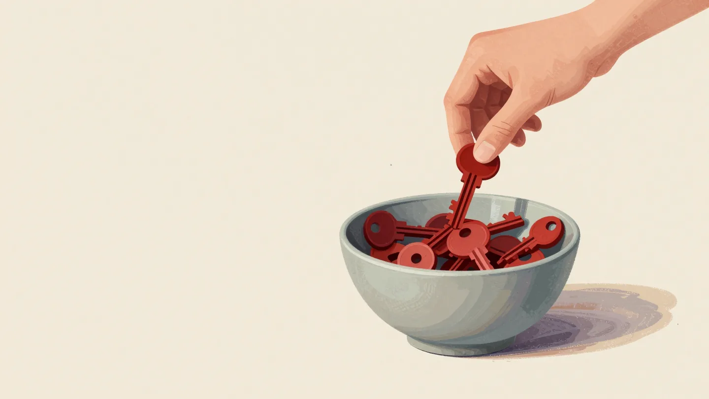 A bowl of identical red keys by a front door, a guest's hand taking one