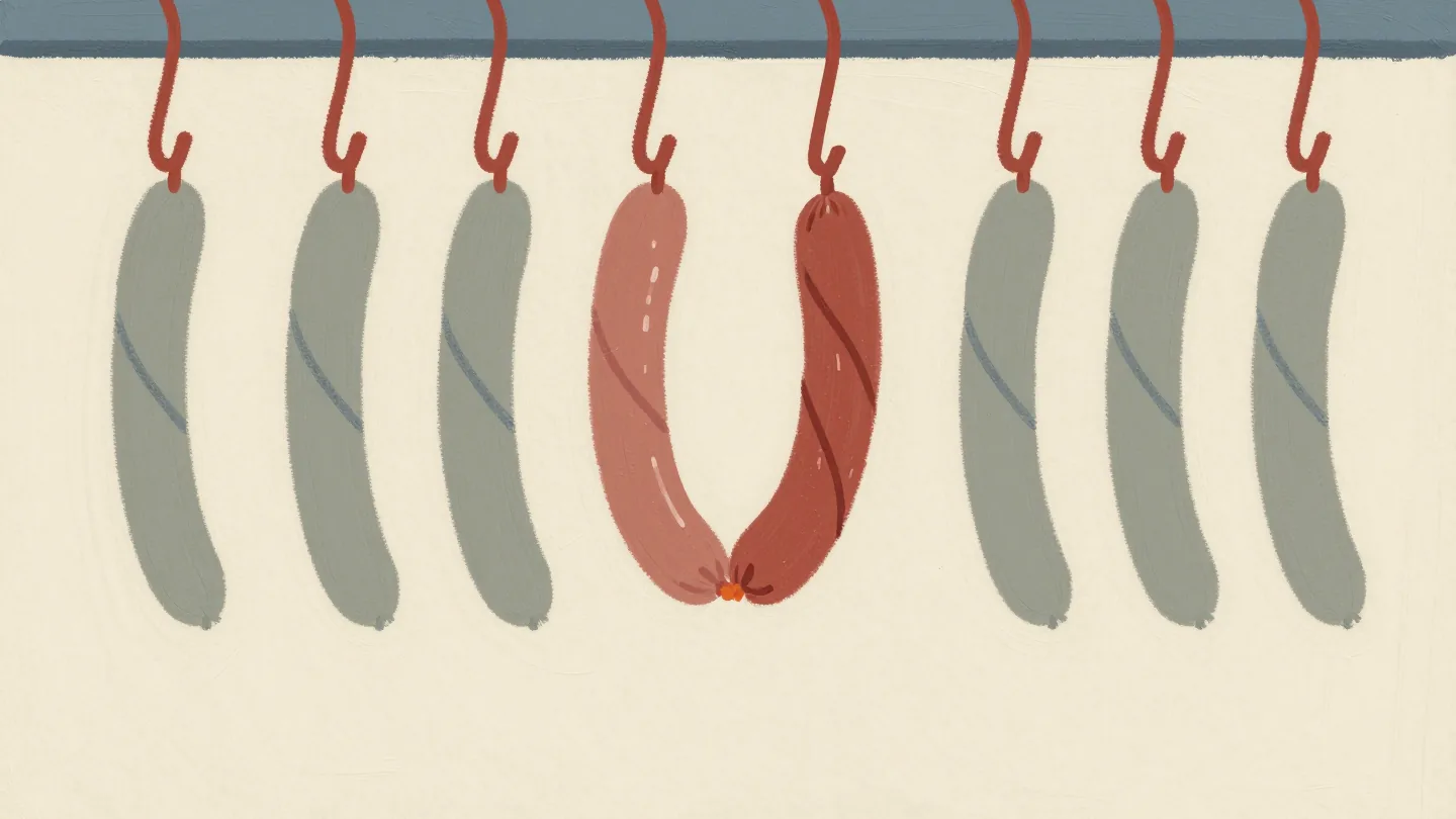 Sausage links on a red hook, one missed twist leaving two sausages joined into one long one