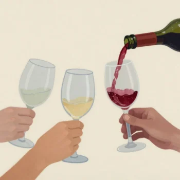 Three raised glasses waiting over a garden table while a fourth is still being filled