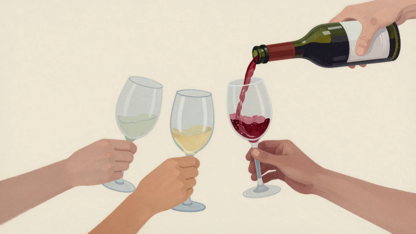 Three raised glasses waiting over a garden table while a fourth is still being filled