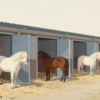 A row of stable stalls, most with one pony, a few empty, and one crowded with three ponies.