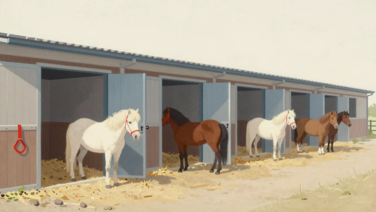 A row of stable stalls, most with one pony, a few empty, and one crowded with three ponies.