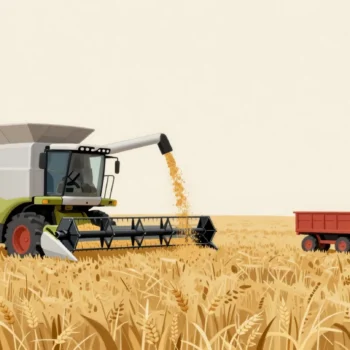 A combine harvester waiting with its grain arm out while a small red cart slowly returns across the field