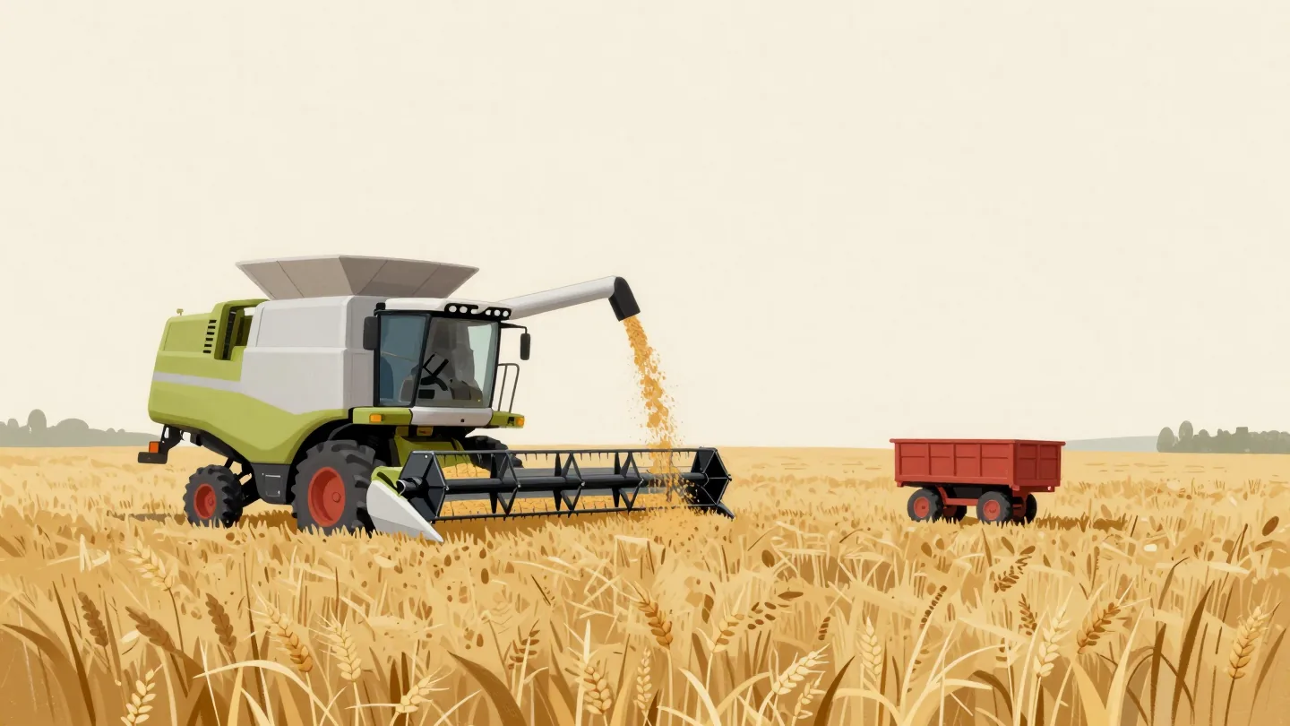 A combine harvester waiting with its grain arm out while a small red cart slowly returns across the field