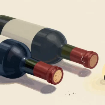 Two wax-sealed wine bottles on a cellar rack, one seal whole and the other with a fine crack across it.