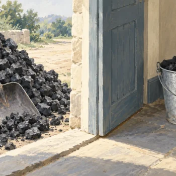 Coal shovels beside an outdoor coal pile and an indoor bucket