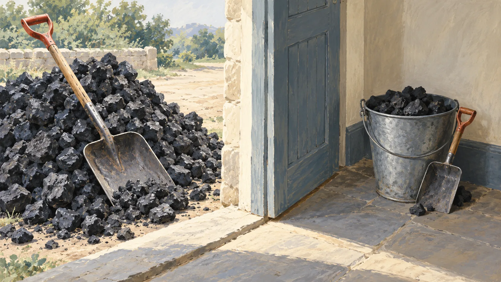 Coal shovels beside an outdoor coal pile and an indoor bucket