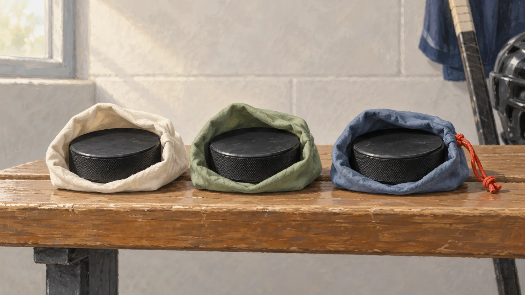 Identical hockey pucks sit in open sleeves of three different colors.