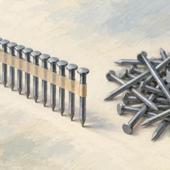 Collated nail strip with a defined end beside a loose nail heap