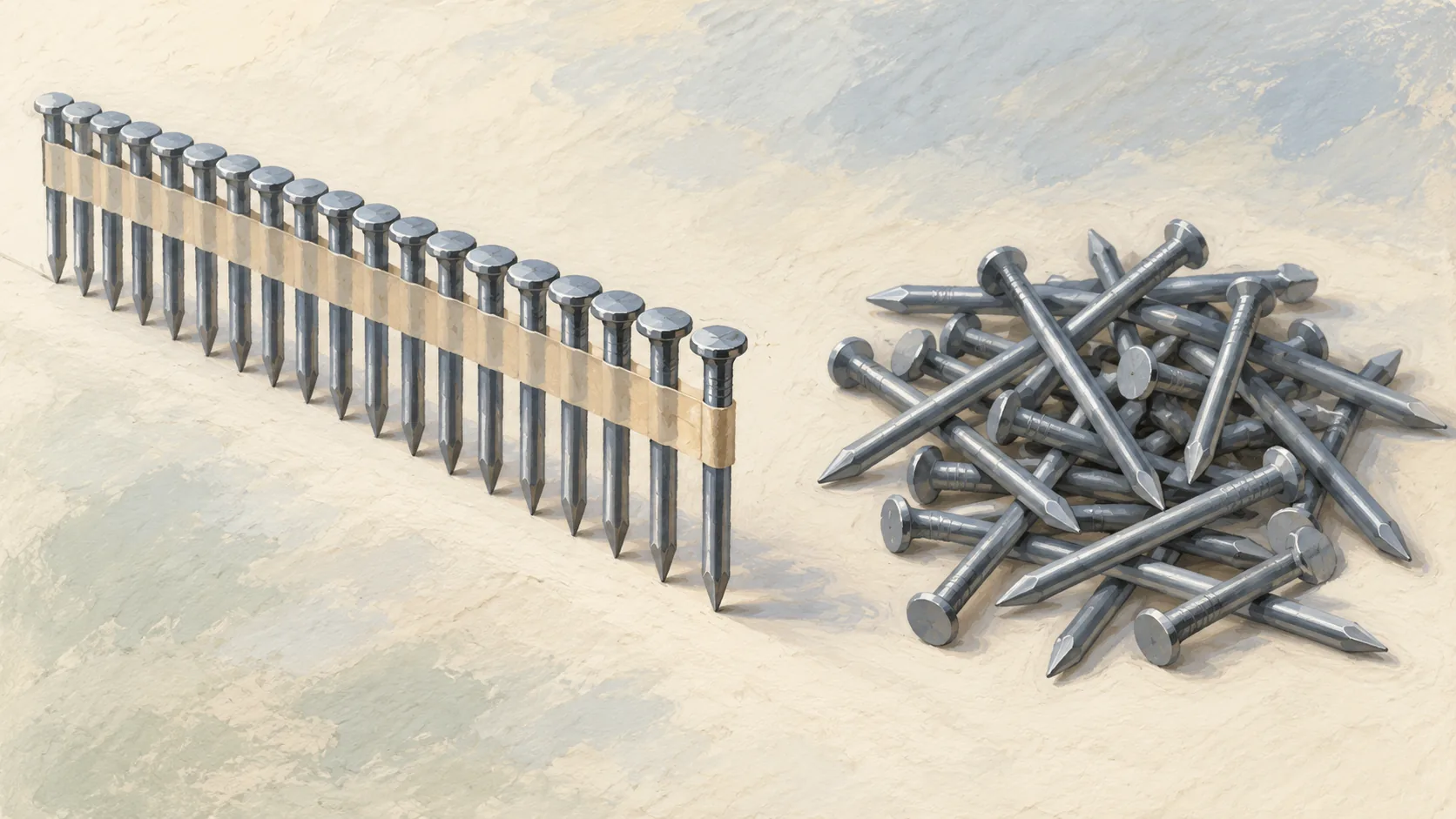 Collated nail strip with a defined end beside a loose nail heap