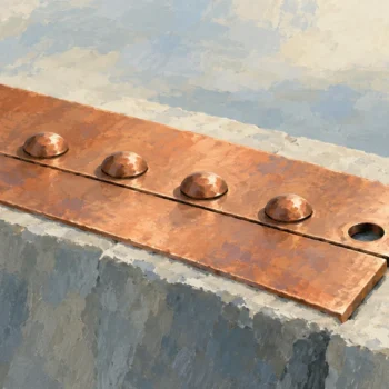 Copper seam held by fixed rivets with a new rivet waiting at the end