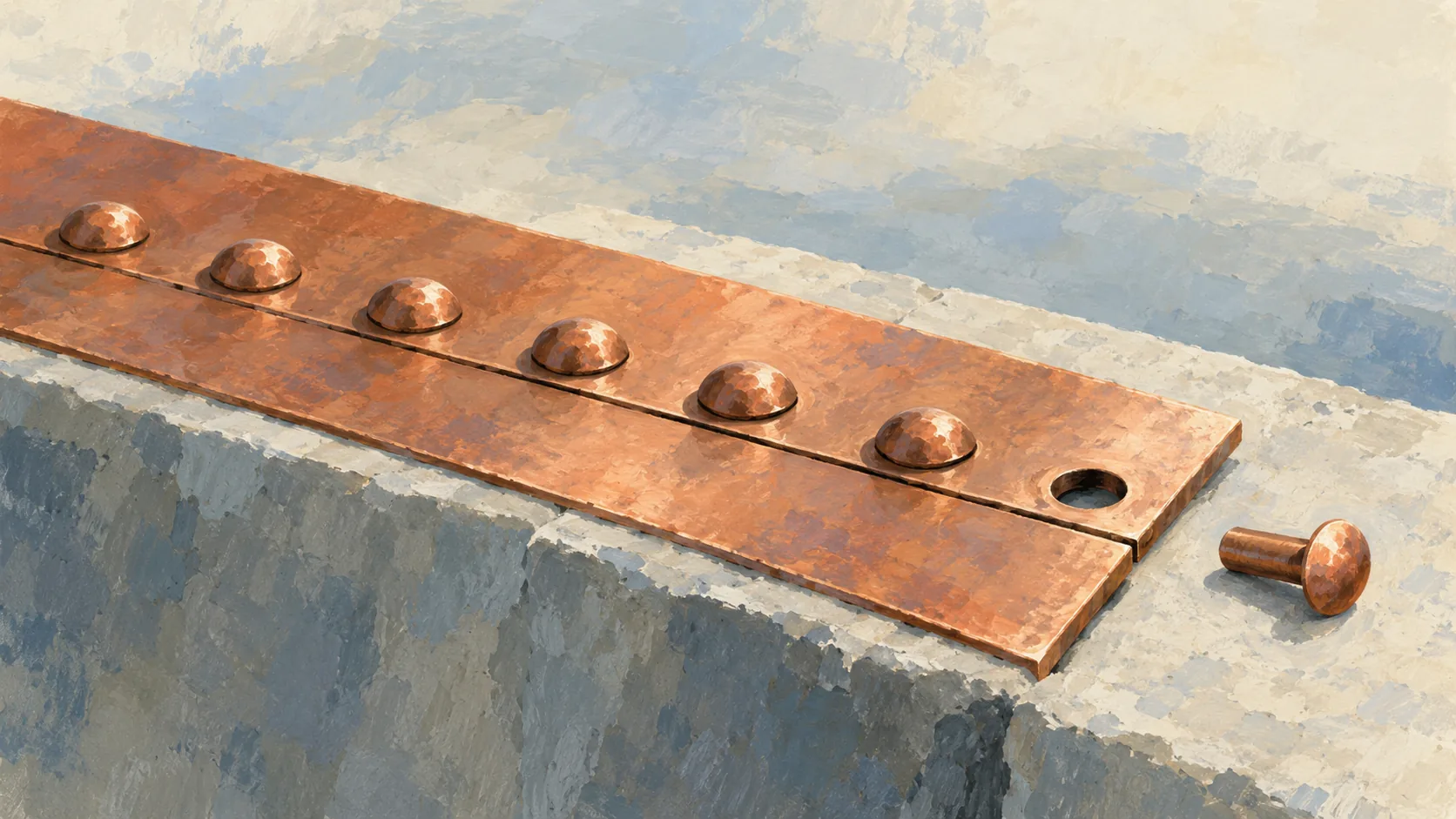 Copper seam held by fixed rivets with a new rivet waiting at the end