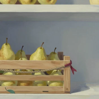 Gouache painting: a pantry shelf with one wooden crate fenced off by a rope barrier and filled with pears, the other shelves open and crowded; one vermilion ribbon tied on the fenced crate