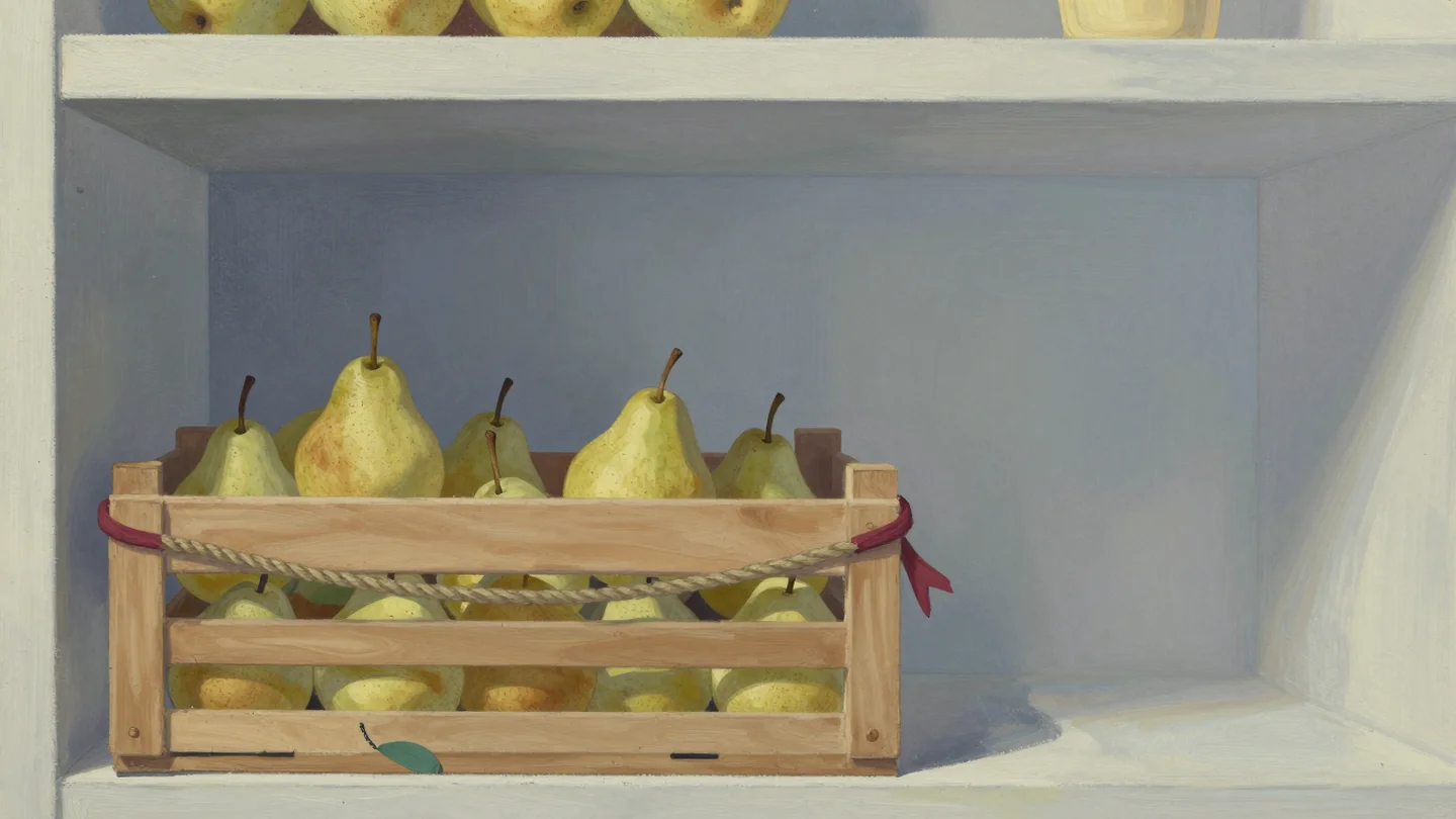 Gouache painting: a pantry shelf with one wooden crate fenced off by a rope barrier and filled with pears, the other shelves open and crowded; one vermilion ribbon tied on the fenced crate