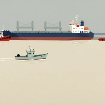 A small boat entering a harbor alone while two tugboats, one red, guide a large ship and a third waits idle