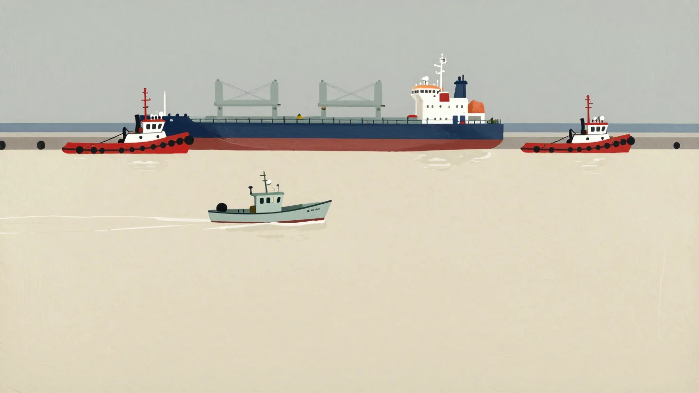 A small boat entering a harbor alone while two tugboats, one red, guide a large ship and a third waits idle