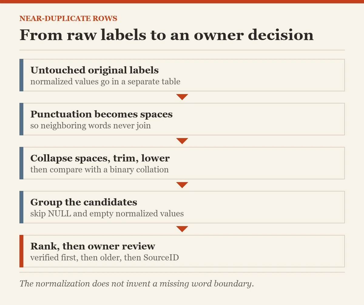 From raw labels to an owner decision: a diagram about the near-duplicate rows