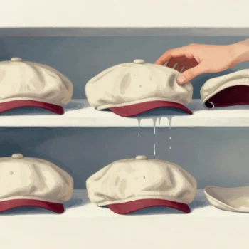 A hand stacking four identical flat caps, crumpled, inside out, wet and flattened, on a lost-property shelf